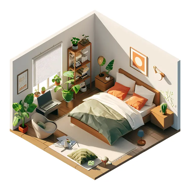 Modern Bedroom with Plants and Books