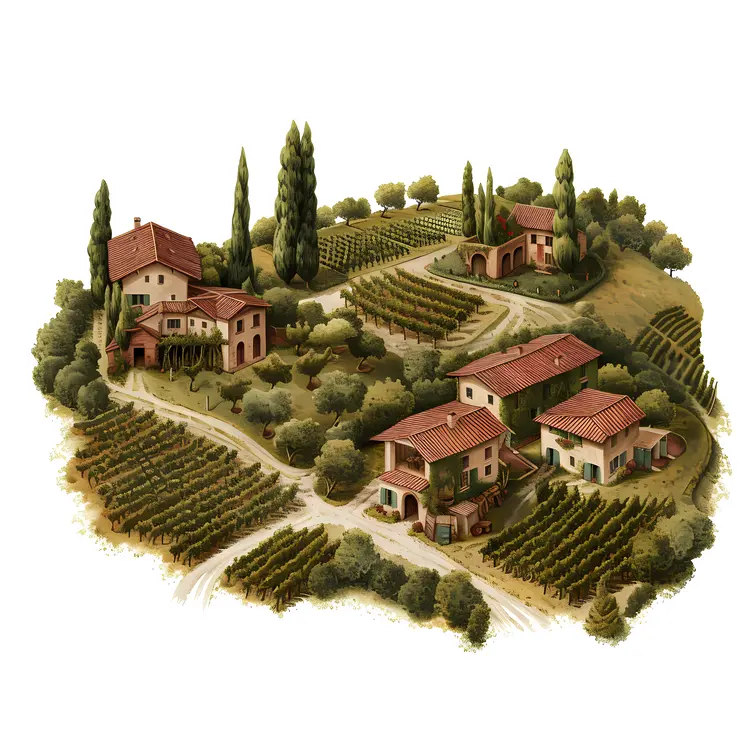 Vineyard with Small Houses and Trees