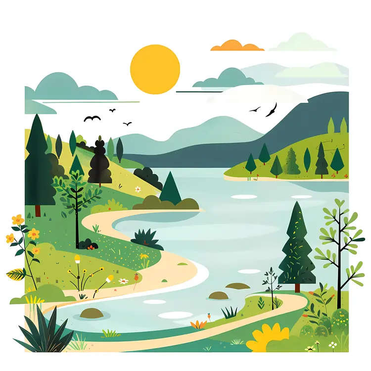 Sunny River Landscape with Trees and Hills