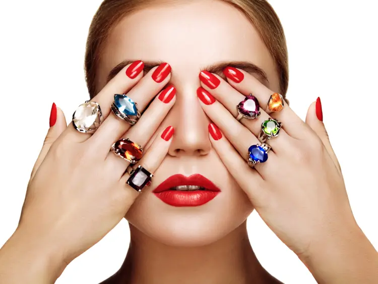 Stylish Red Nails with Rings
