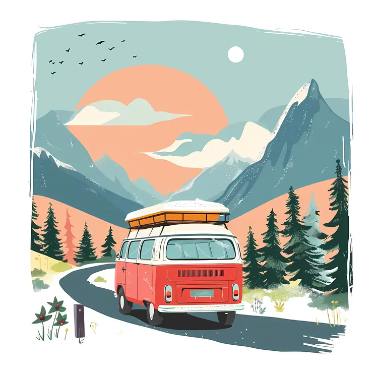 Red Camper Van on Mountain Road