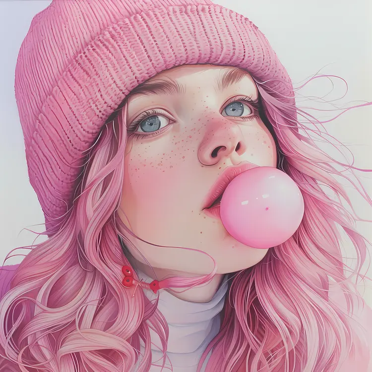 Pink-haired Girl with Beanie Blowing Bubblegum