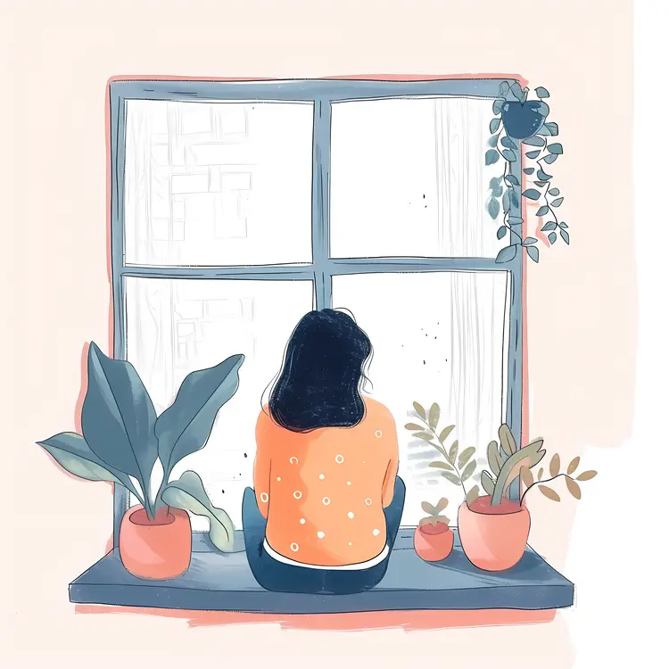 Woman Sitting by the Window with Plants