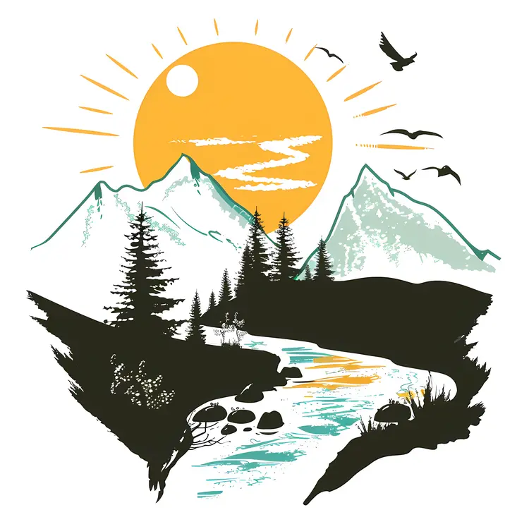 River Flowing Through Sunlit Mountains