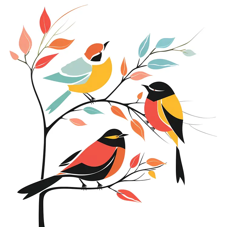 Three Birds on Branch with Leaves