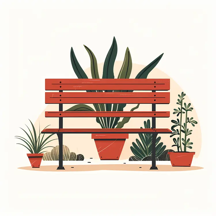 Red Bench with Potted Plants