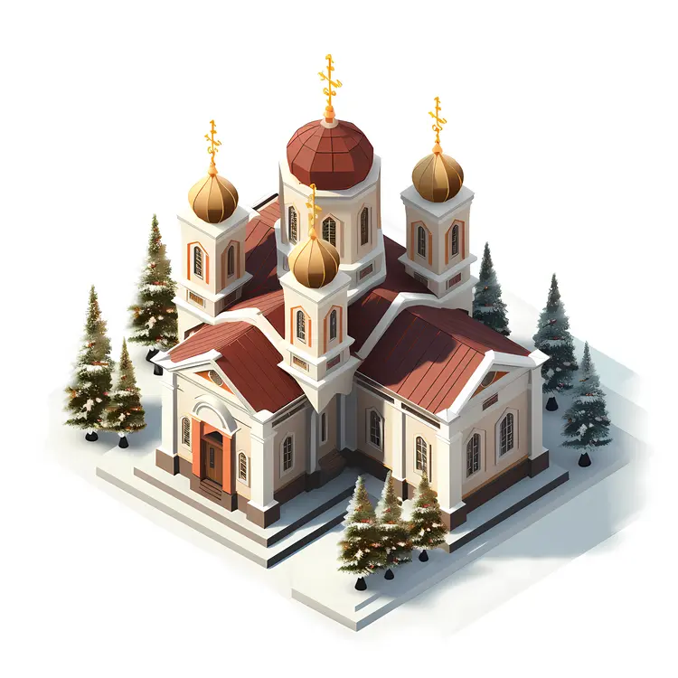 Golden Domes Orthodox Church with Snowy Trees