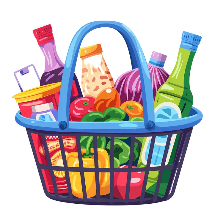 Colorful Grocery Basket with Various Items