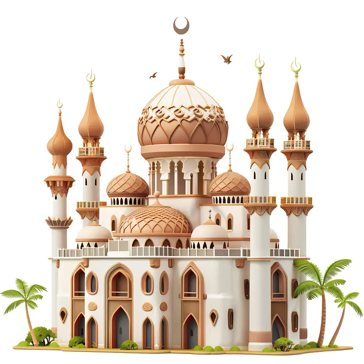 Brown and White Mosque with Palm Trees
