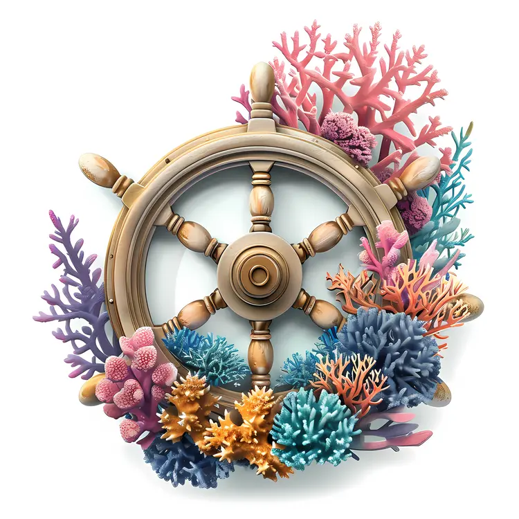 Wooden Ship Wheel with Colorful Coral
