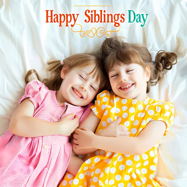 Happy Siblings Day Photo with Two Girls on Bed