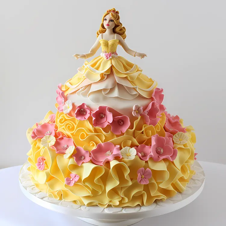 Yellow Princess Cake with Pink Flowers