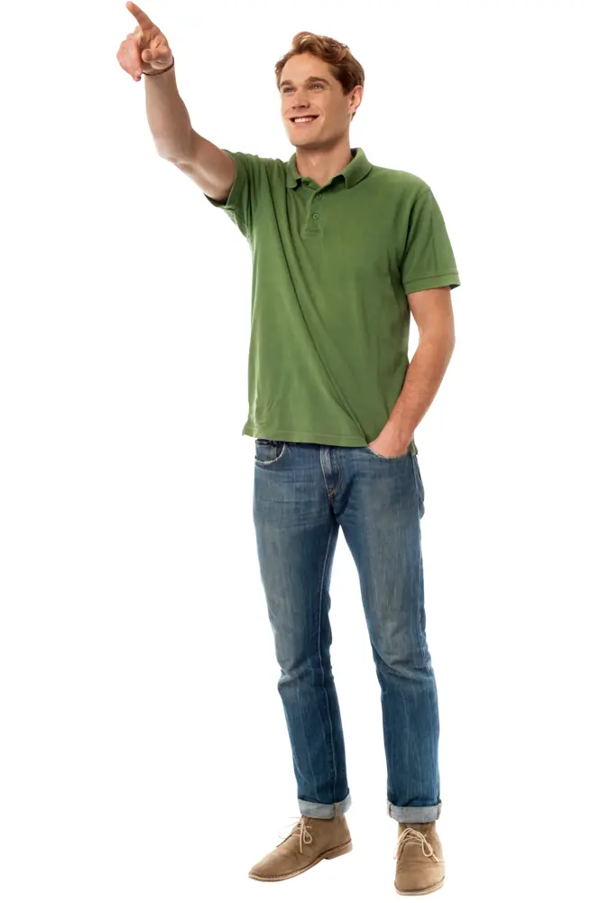 Man in Green Shirt Pointing