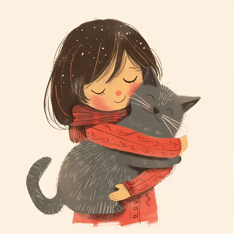 Girl Hugging Cat Illustration