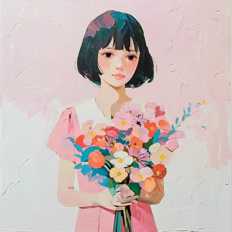 Girl Holding a Bouquet of Flowers in Pink Dress