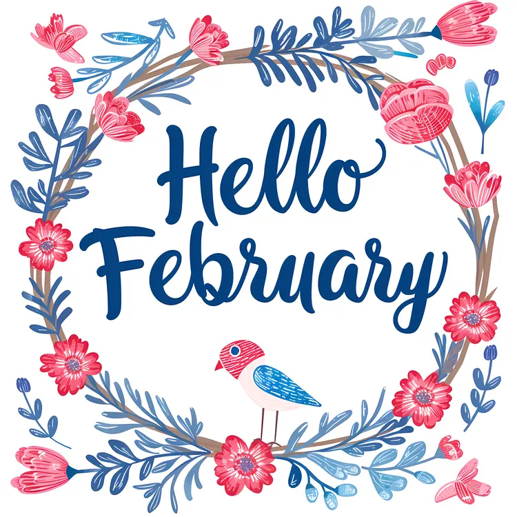 Hello February Floral Wreath with Bird