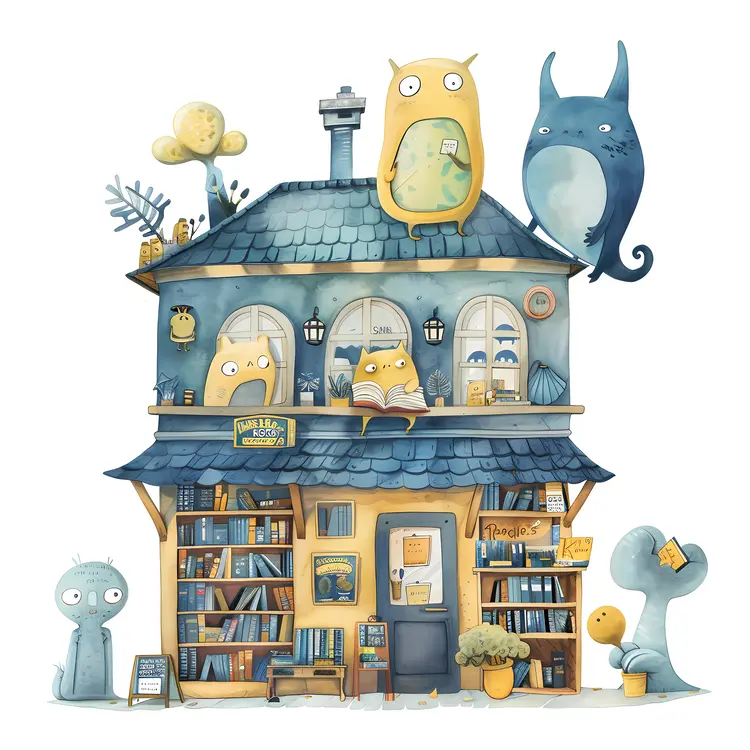 Fantasy Bookshop with Adorable Creatures