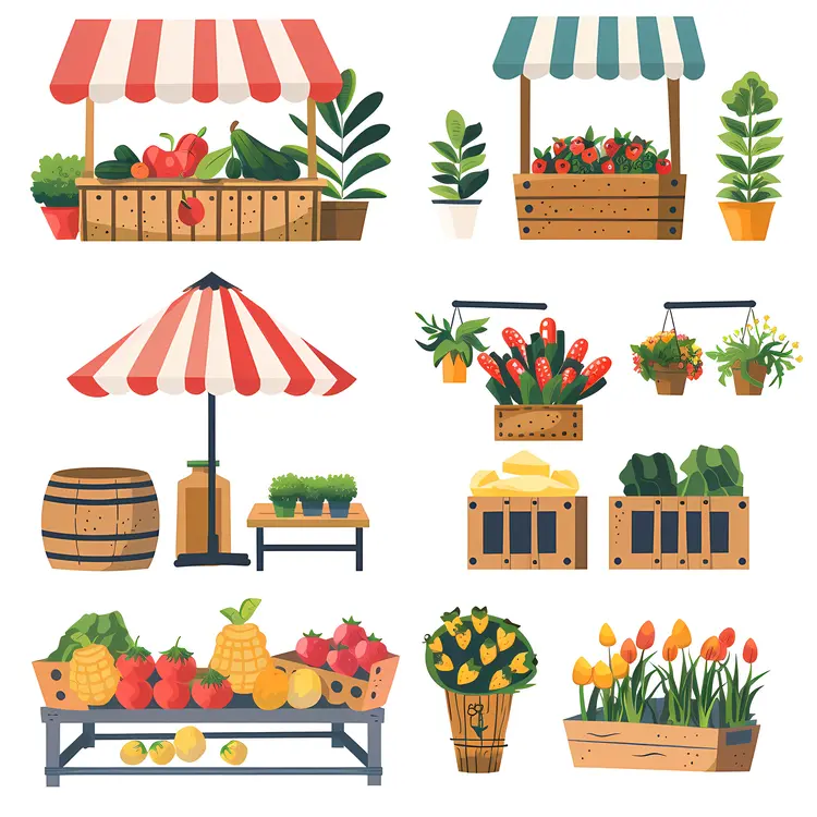 Colorful Market Stalls with Fresh Produce and Flowers