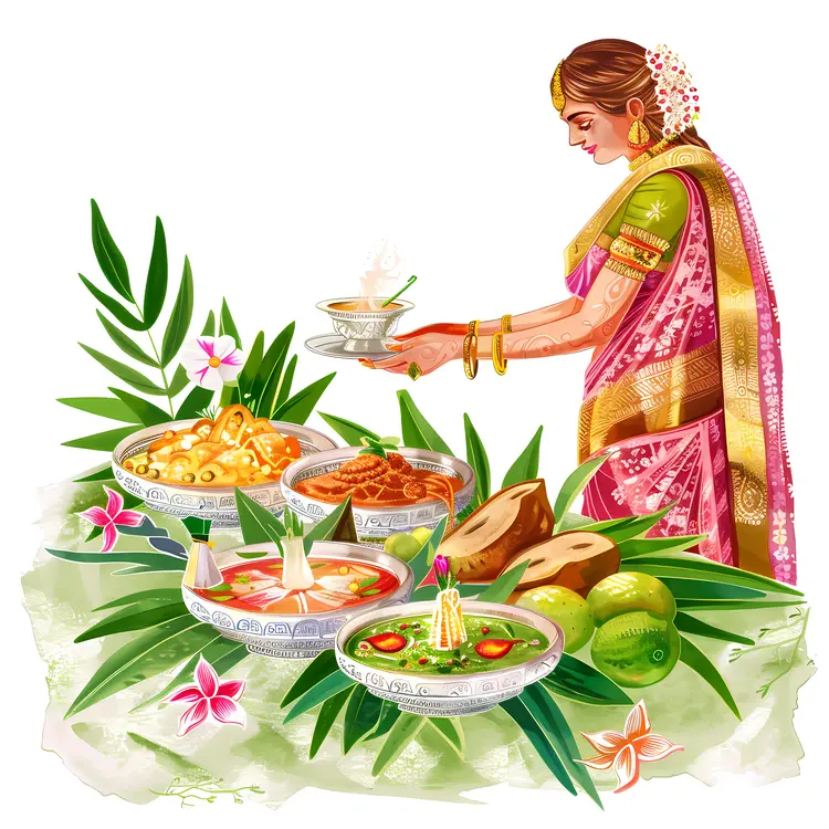 Woman in traditional attire serving food