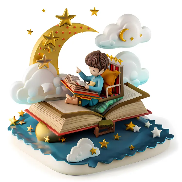 Child Reading on Book with Moon and Stars