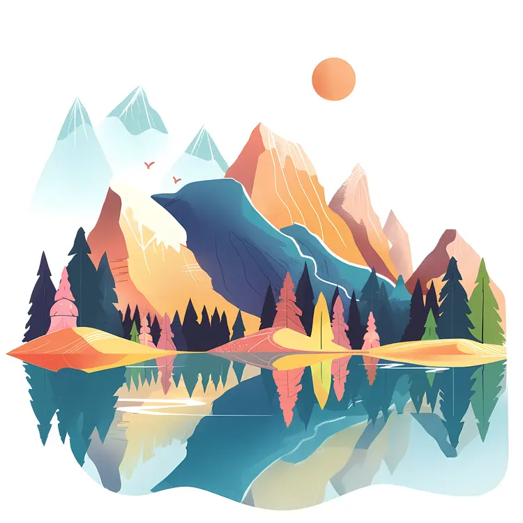 Colorful Mountain Landscape with Lake and Trees