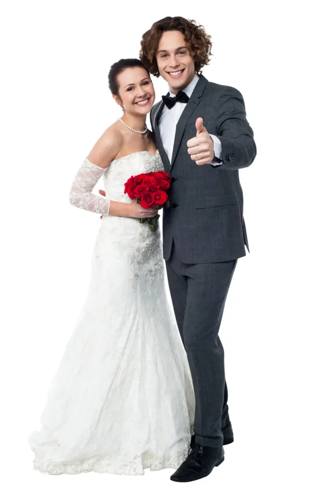 Smiling Bride and Groom in Wedding Attire