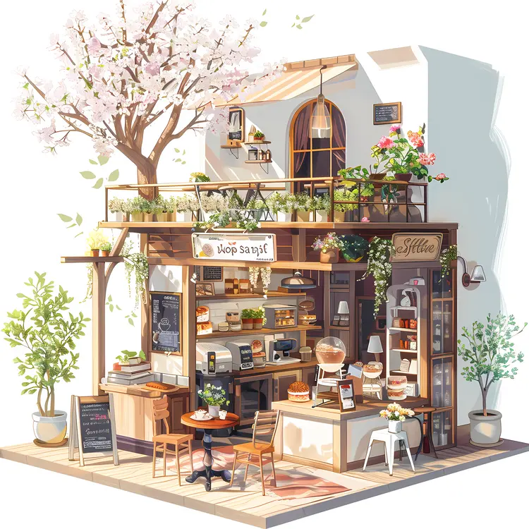 Charming Cafe with Spring Blossoms