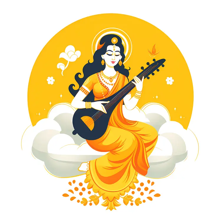 Woman Playing Sitar with Cloud Background Illustration
