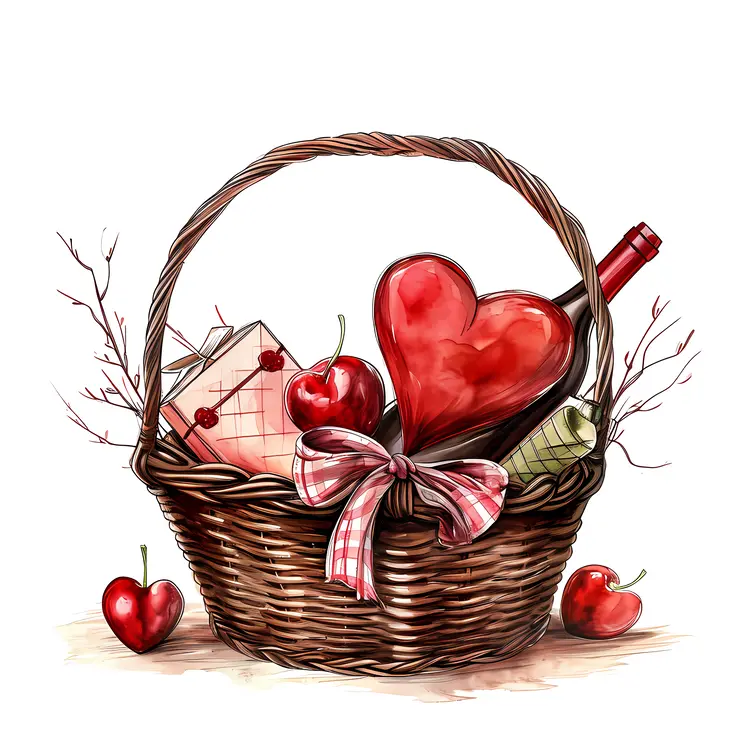 Hearts and Wine in Brown Basket for Valentine's Day