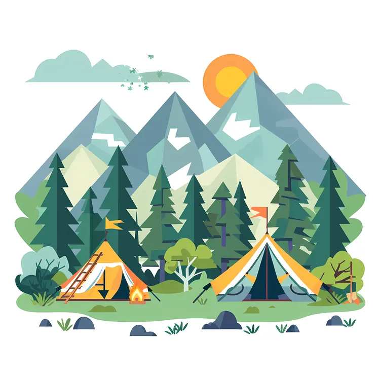 Camping Tents in Mountain Forest