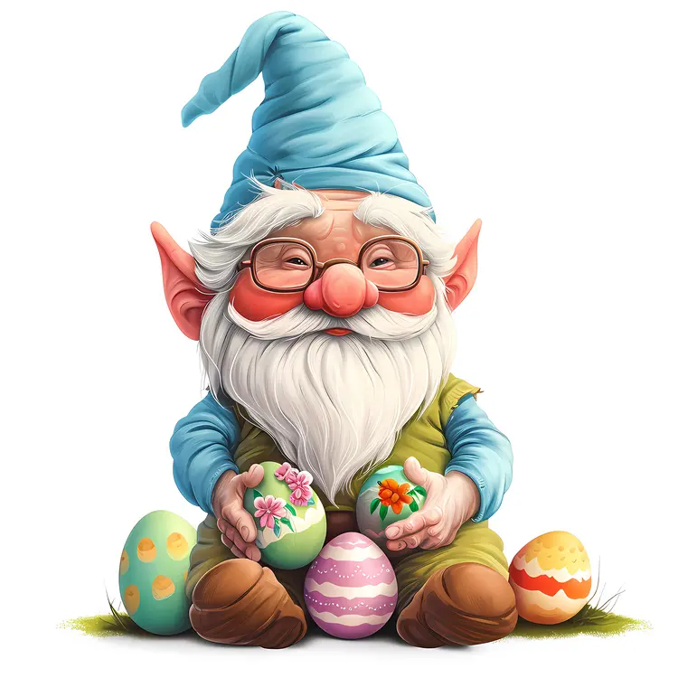 Cute Gnome with Colorful Easter Eggs