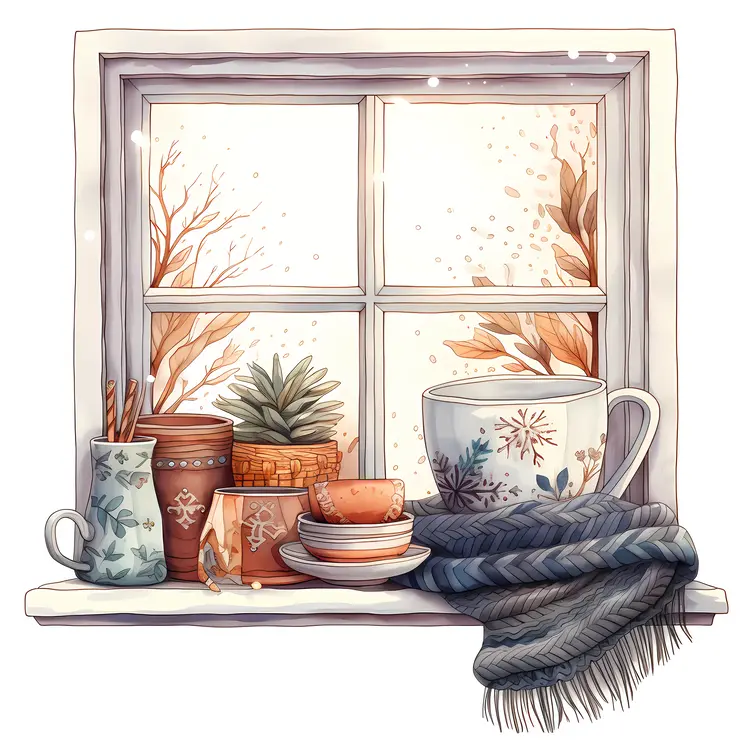 Cozy Window Scene with Mugs and Scarf