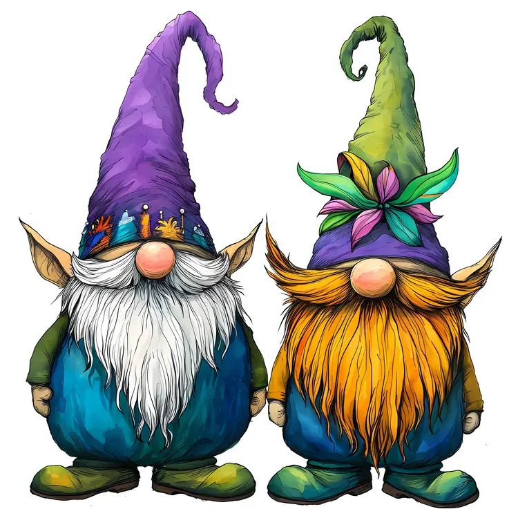 Two Gnomes with Colorful Hats and Beards