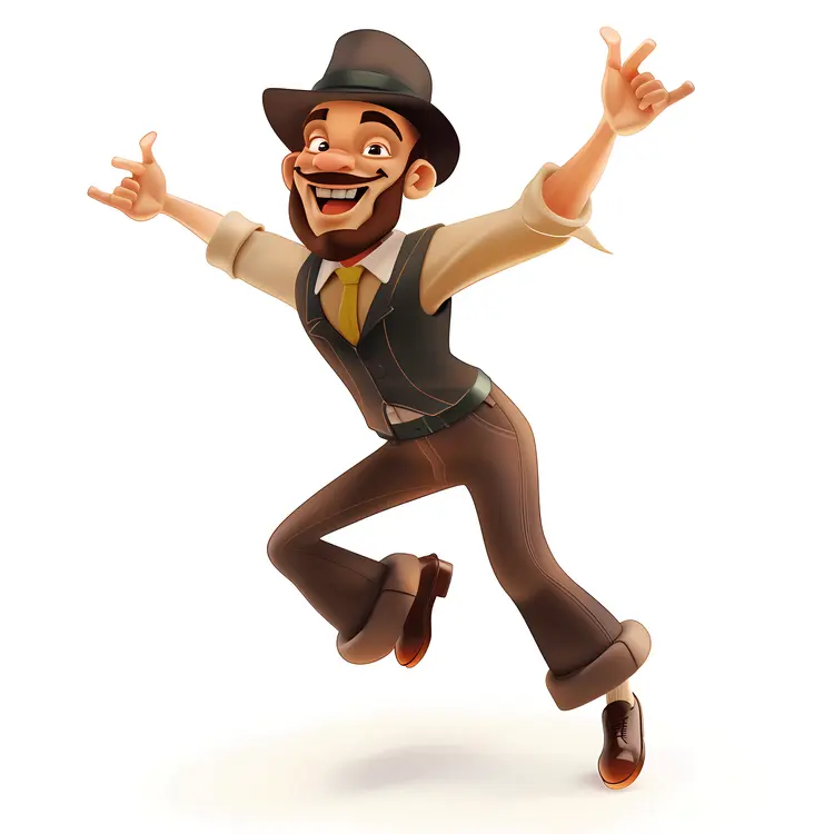 Joyful Cartoon Man Jumping with Hat and Vest