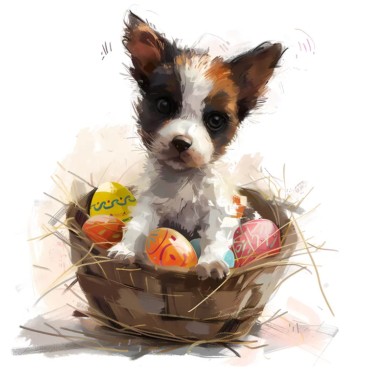 Puppy in Basket with Easter Eggs