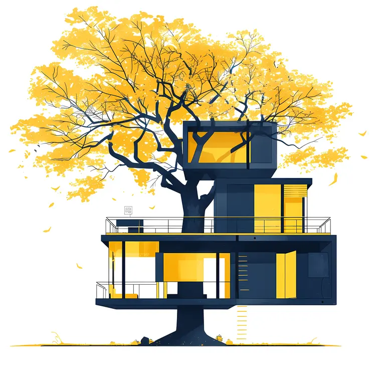 Modern Treehouse with Yellow Leaves