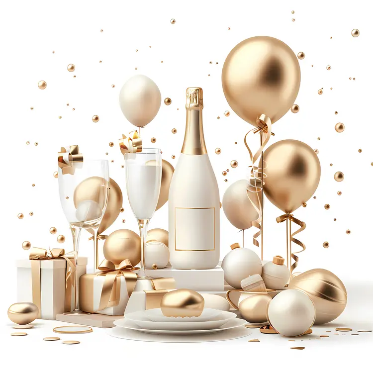 Champagne Bottle and Glasses with Balloons