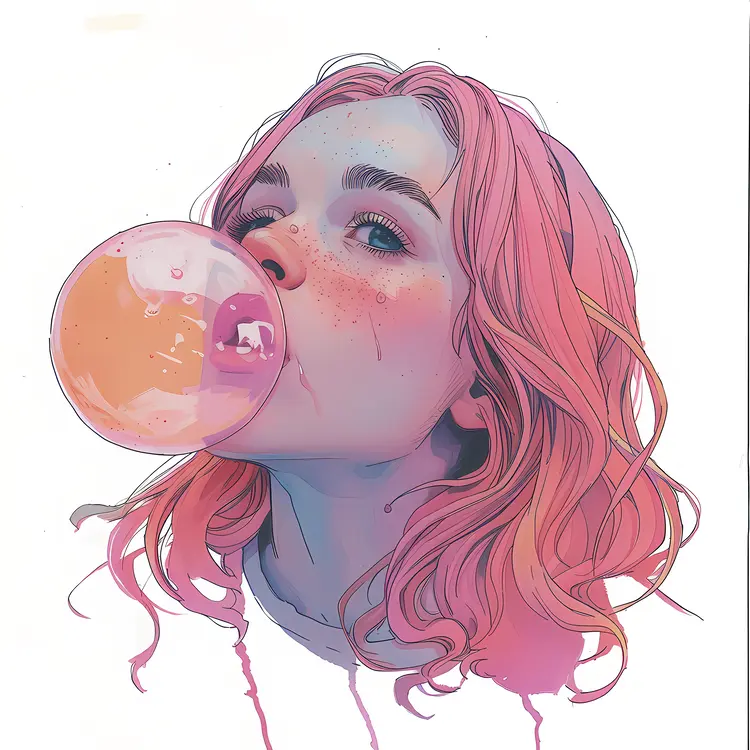 Girl with Pink Hair Blowing Bubblegum