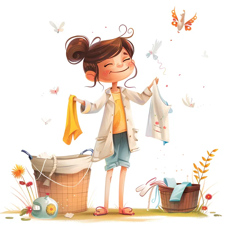 Girl Doing Laundry with Baskets