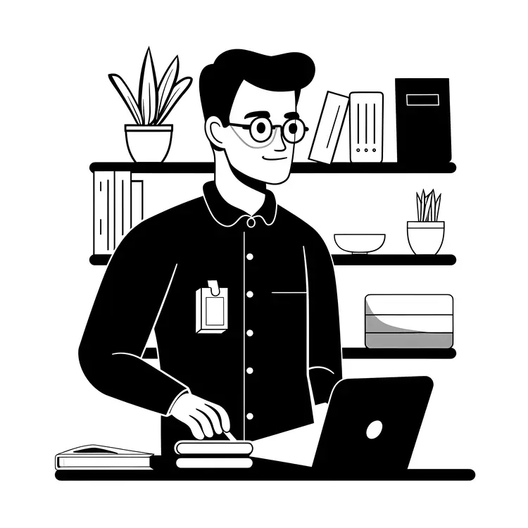 Man Working at Desk with Laptop and Books
