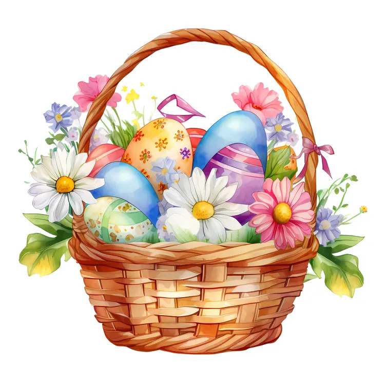 Easter Basket with Colorful Eggs and Flowers