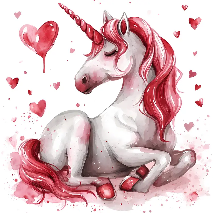 Unicorn with Red Mane and Hearts
