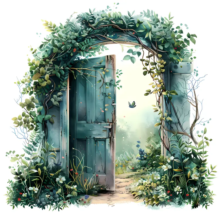 Green Door with Vines and Plants