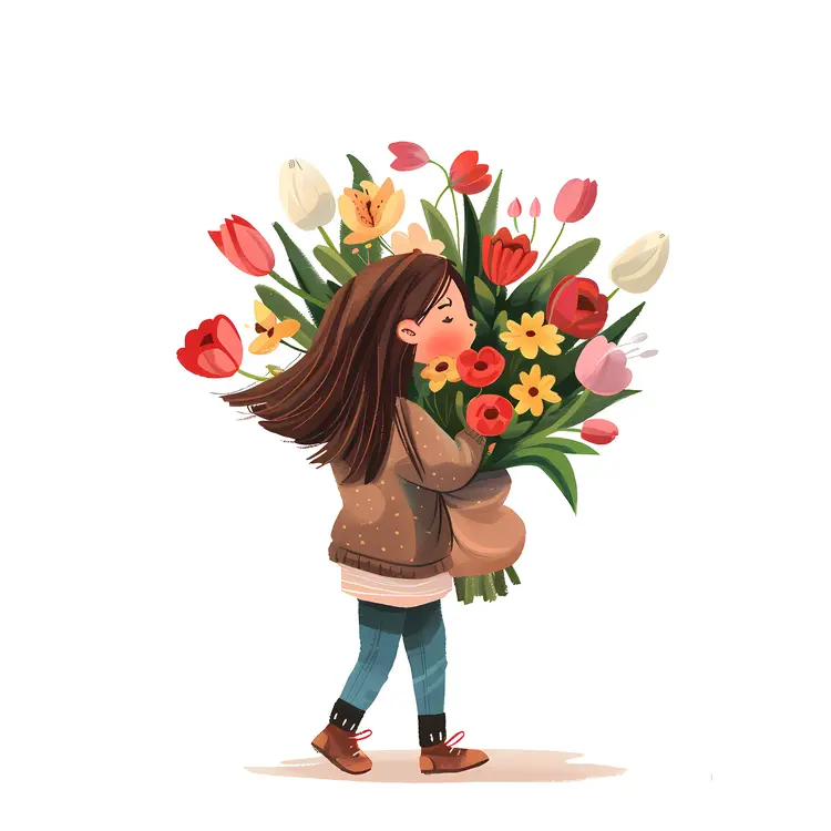 Girl Holding a Large Bouquet of Colorful Tulips