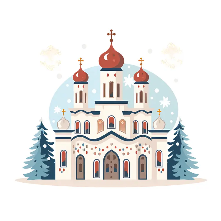 Snowy Church with Red Domes and Snowflakes