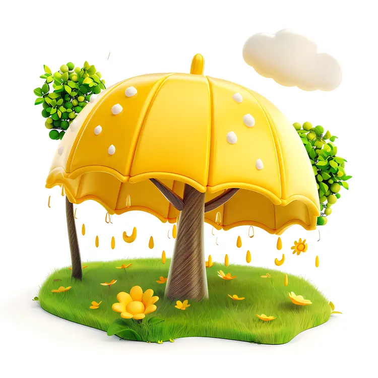 Yellow Umbrella with Tree and Raindrops