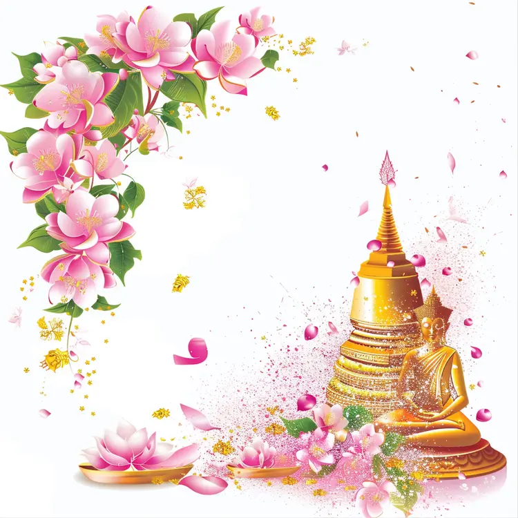 Golden Buddha Statue with Flowers