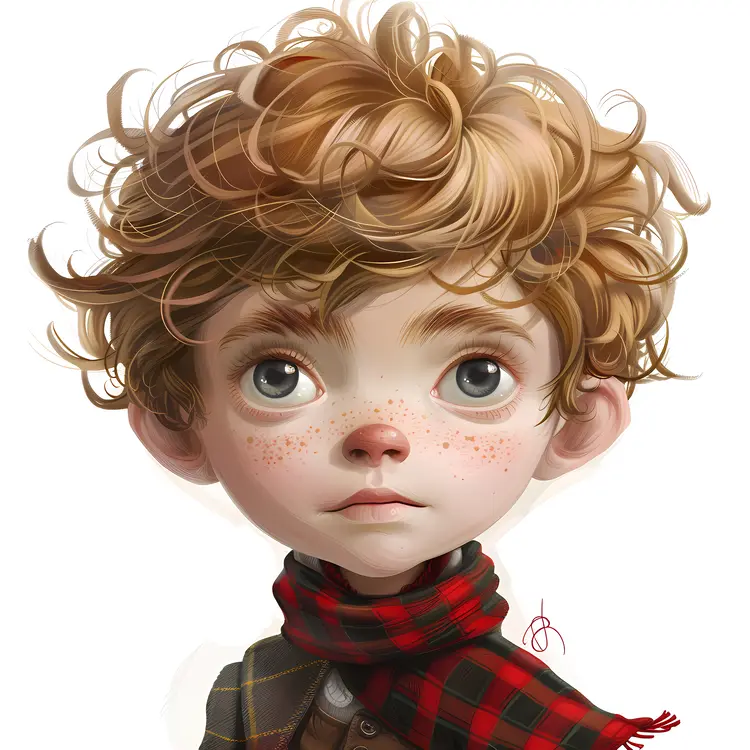 Child with curly hair and plaid scarf