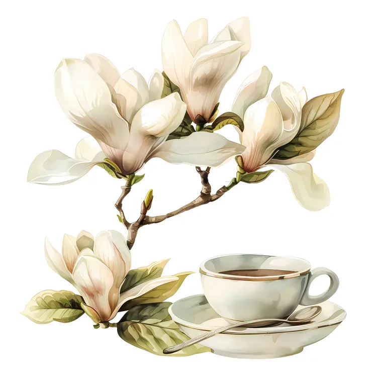 White Flowers with Tea Cup and Leaves