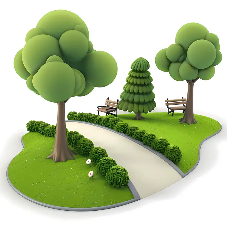 Green Trees in a Park with Benches and Pathway